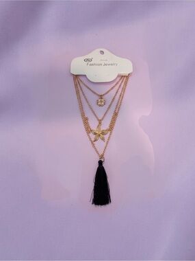 Fashion Jewelry Gold Layered Necklace with Black Tassel and Starfish Charm